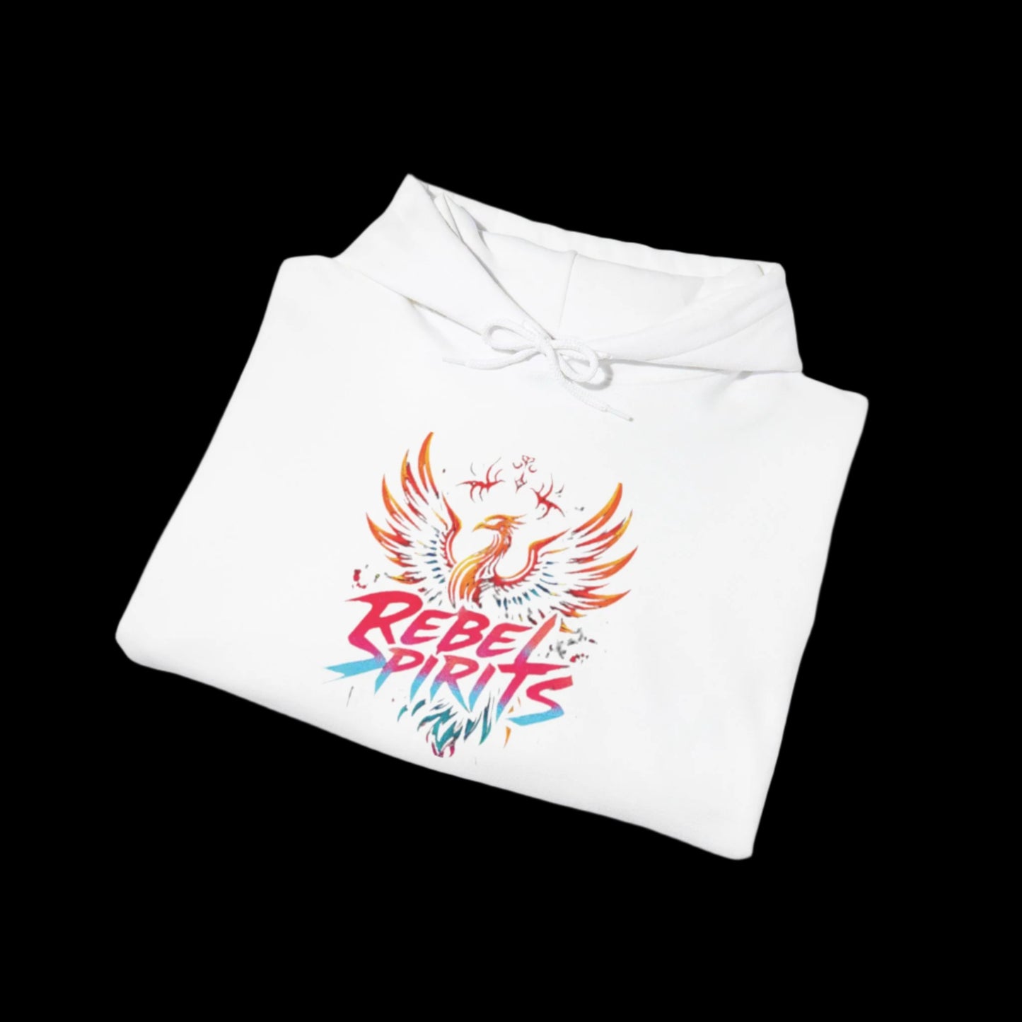 White hoodie with colorful 'Rebel Spirits' design on a white background