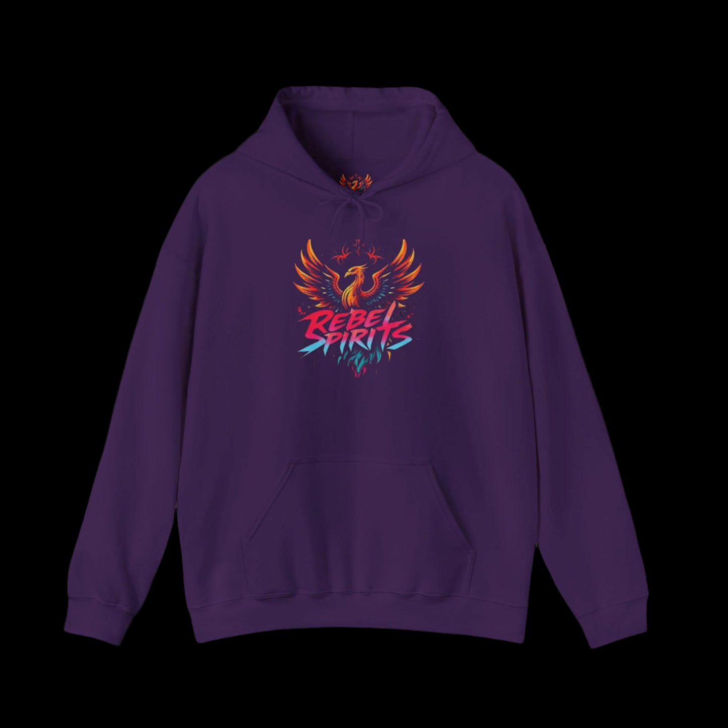 Purple hoodie with 'Rebel Spirits' logo on a white background
