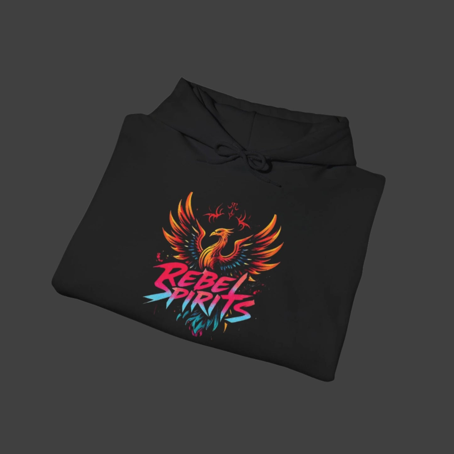 Black hoodie with colorful phoenix design and 'Rebel Spirits' text on a white background
