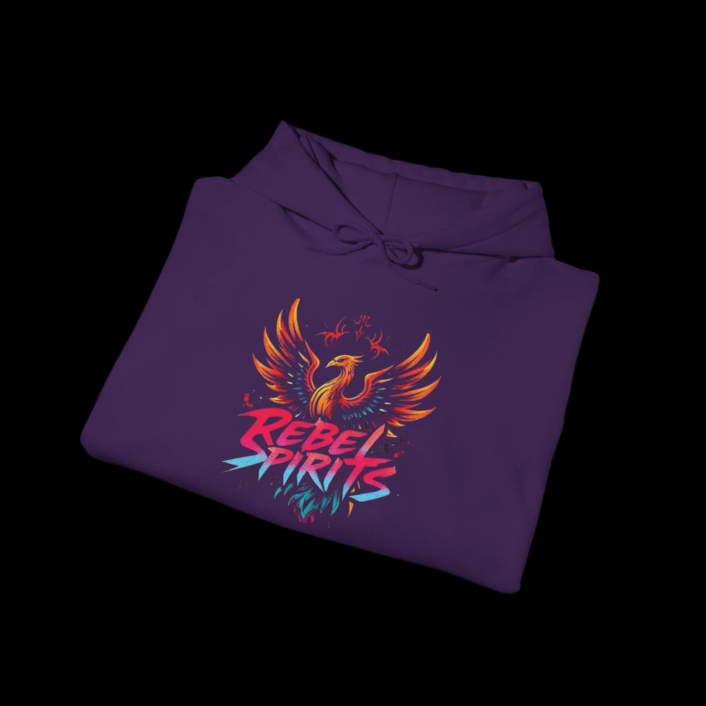 Folded purple hoodie with colorful phoenix design and 'Rebel Spirits' text on a white background