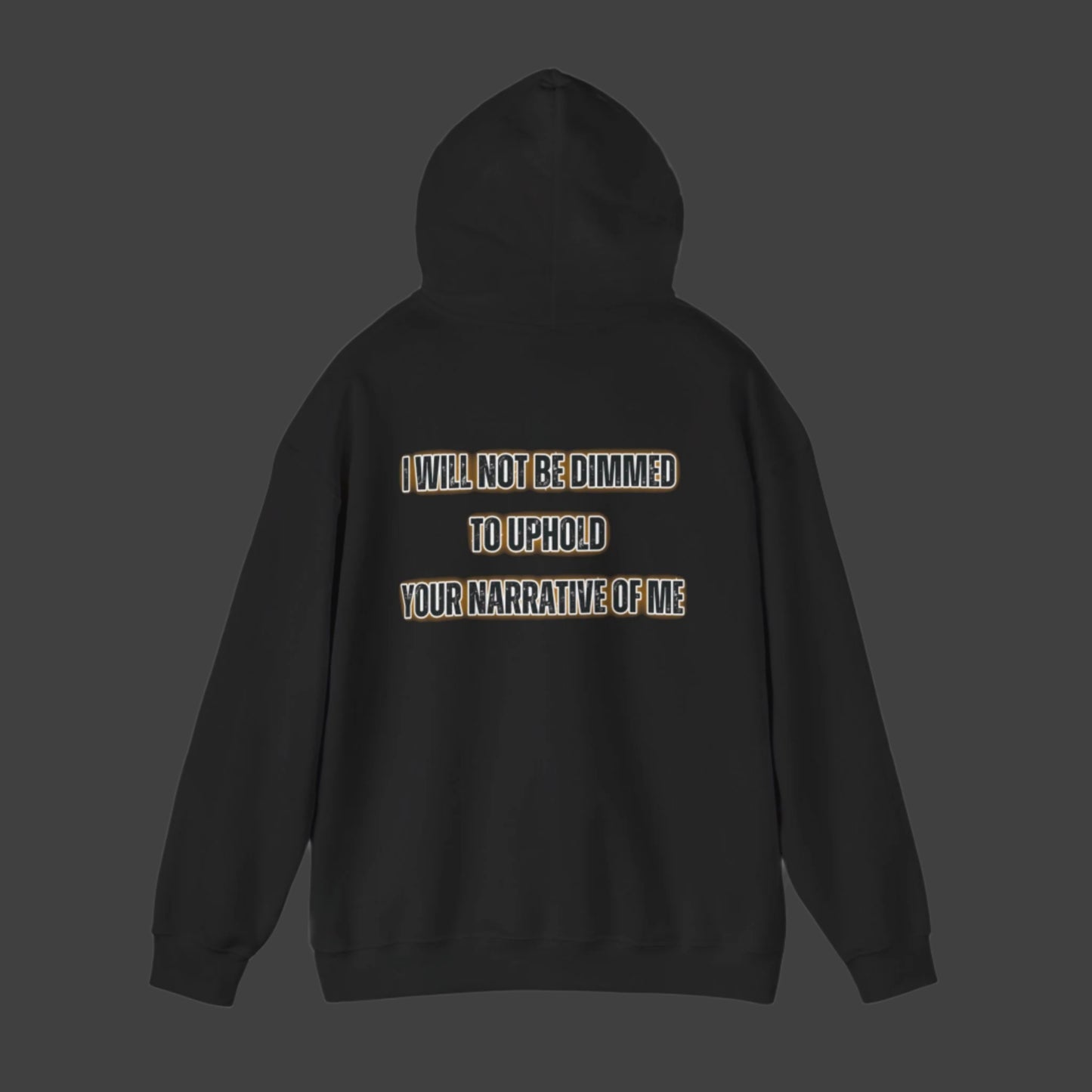 Black hoodie with text on the back against a white background