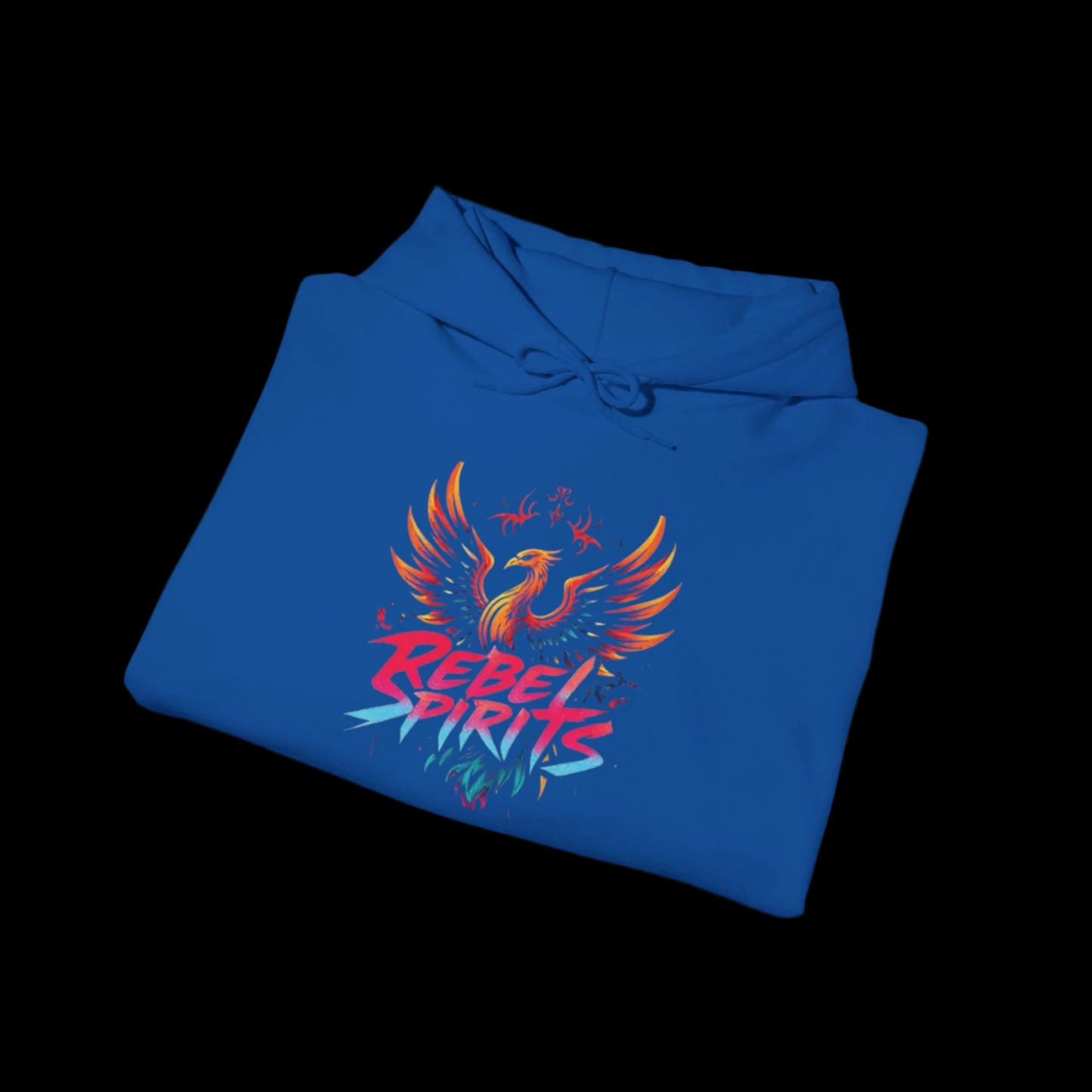 Folded blue hoodie with 'Rebel Spirits' design on a white background