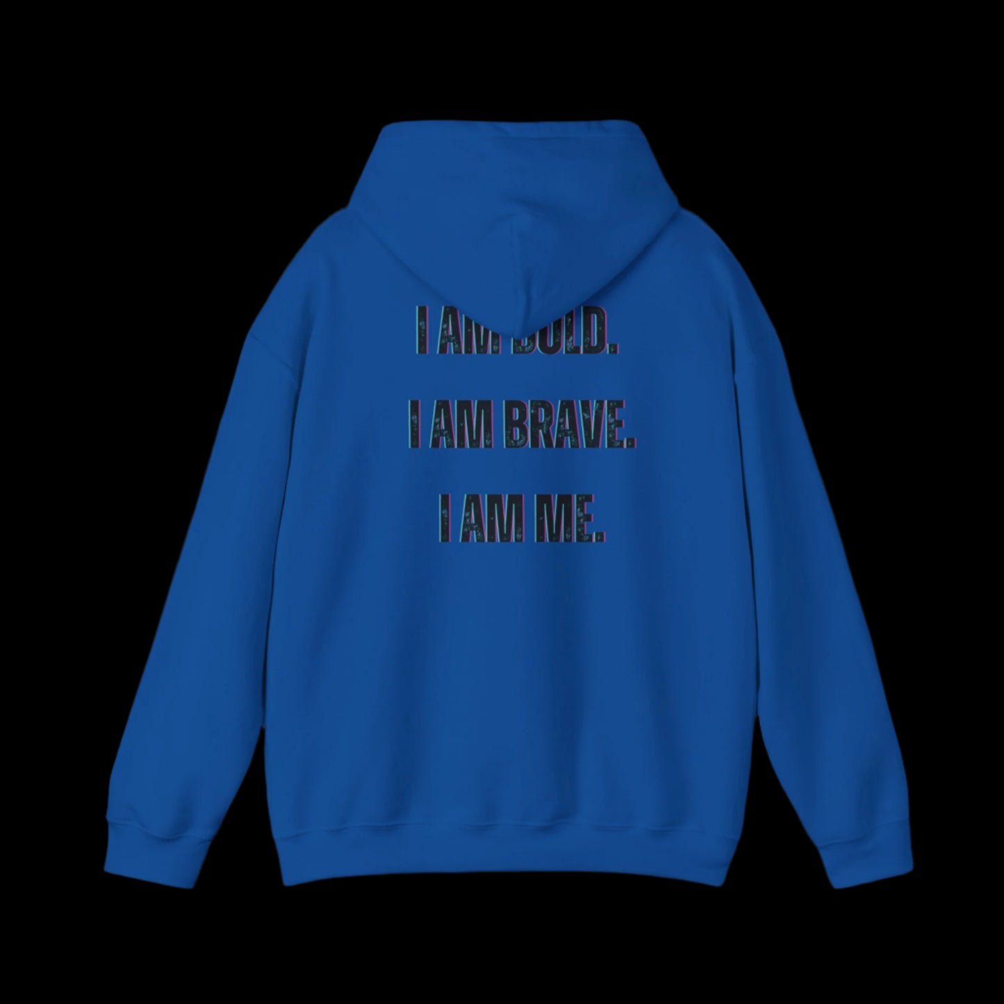Blue hoodie with motivational text on the back against a white background