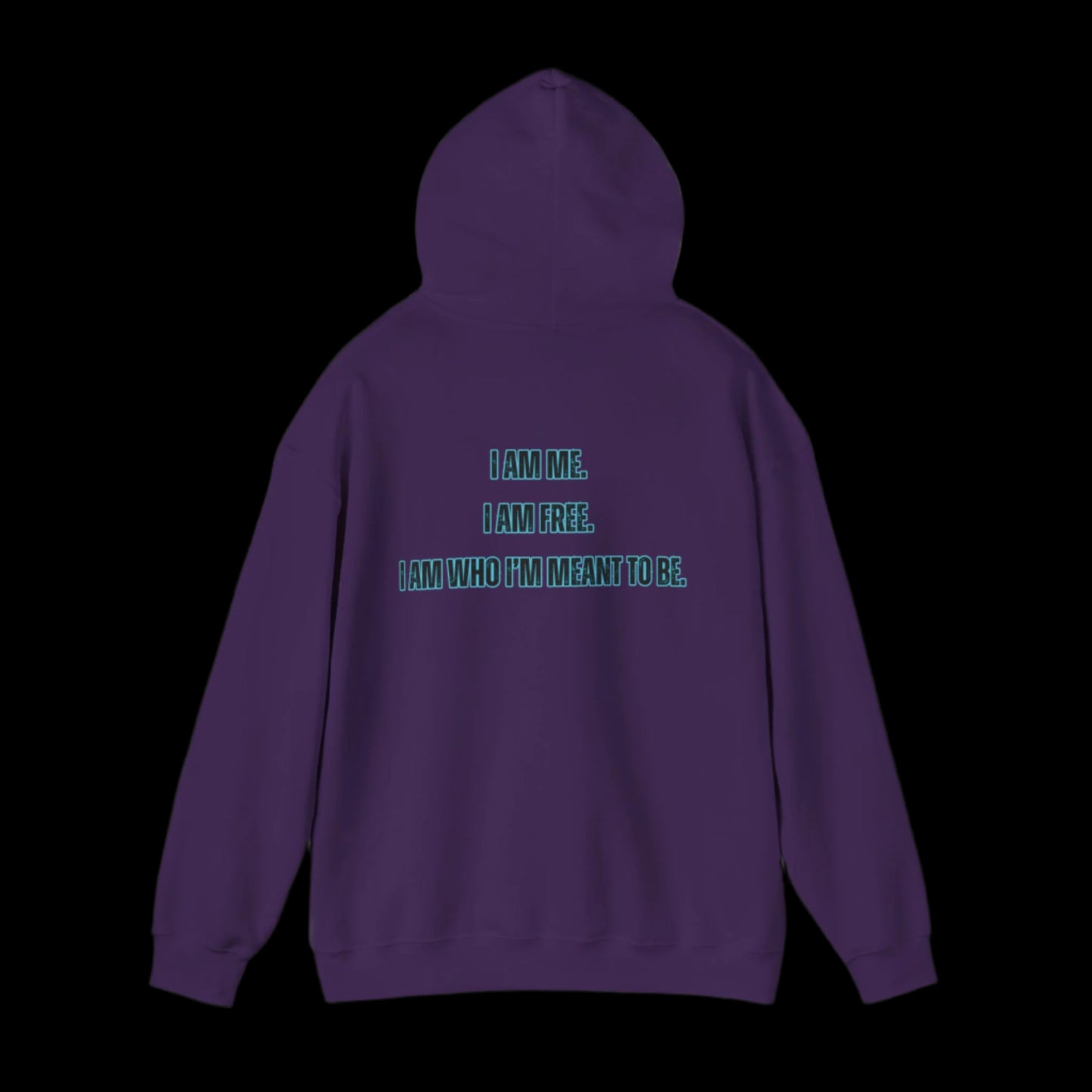 Purple hoodie with motivational text on the back against a white background
