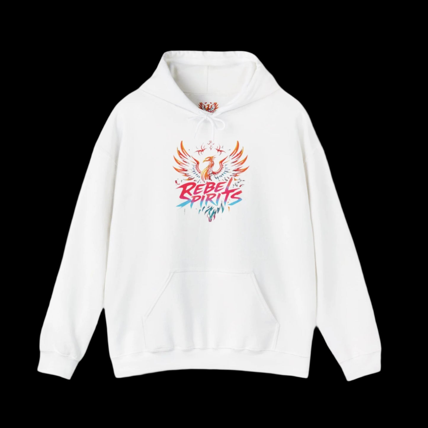 White hoodie with colorful graphic design on a white background
