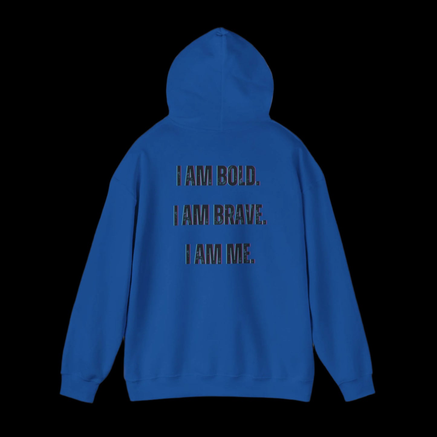 Blue hoodie with motivational text on the back against a white background
