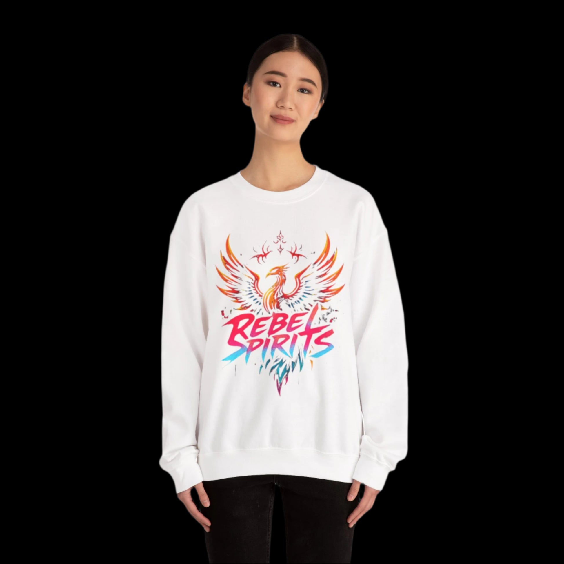 Person wearing a white sweatshirt with a colorful graphic design on a white background