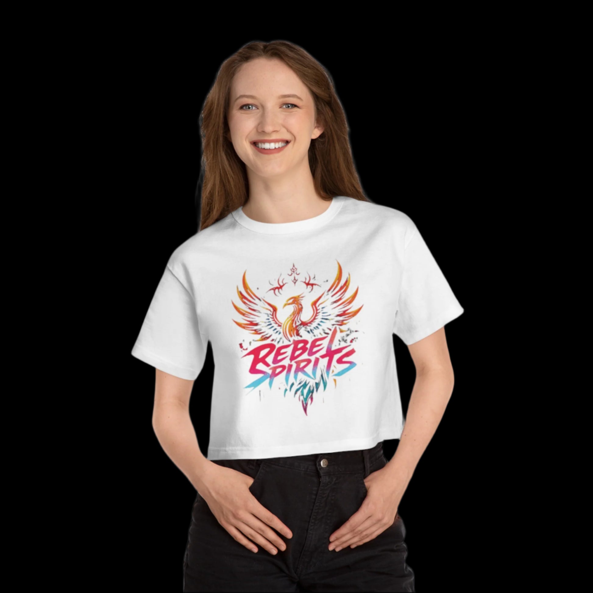 Person wearing a white t-shirt with a colorful graphic and text on a white background