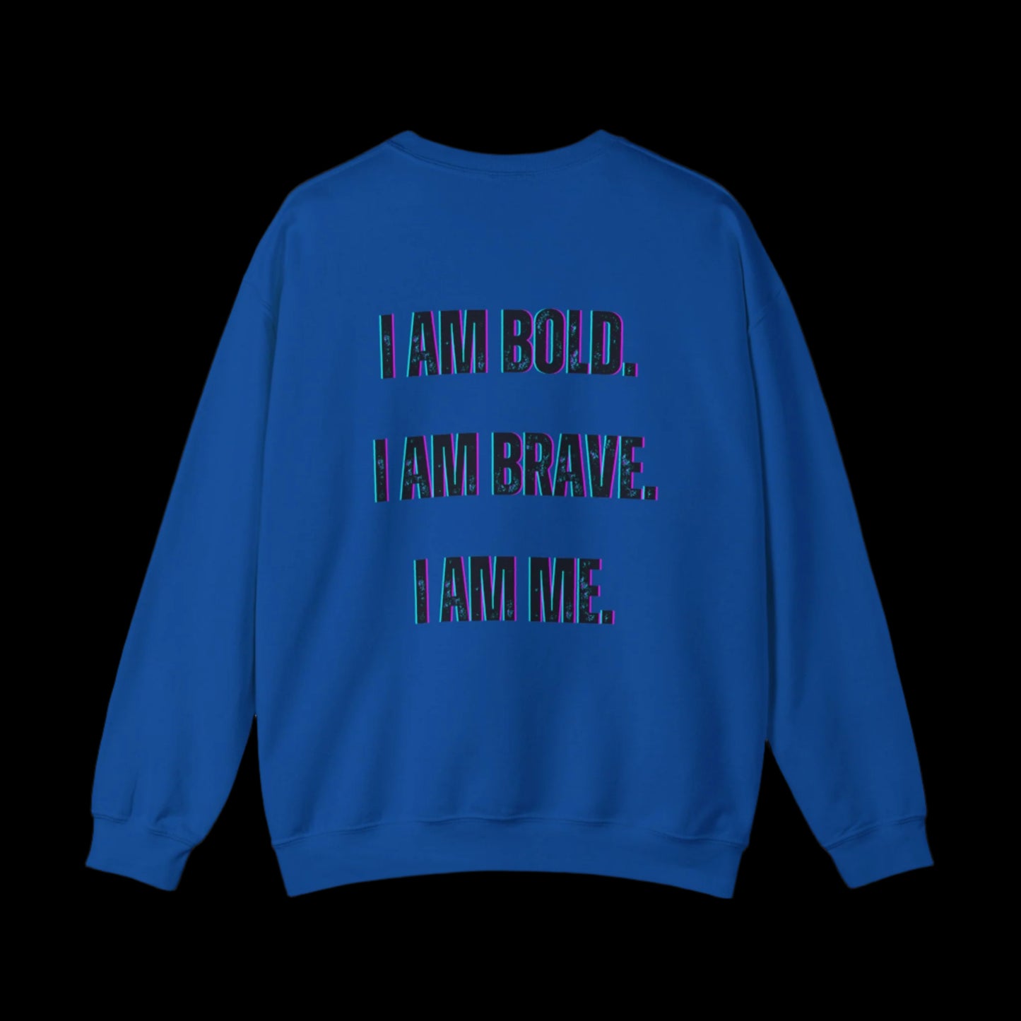 Blue sweatshirt with motivational text on the back against a white background