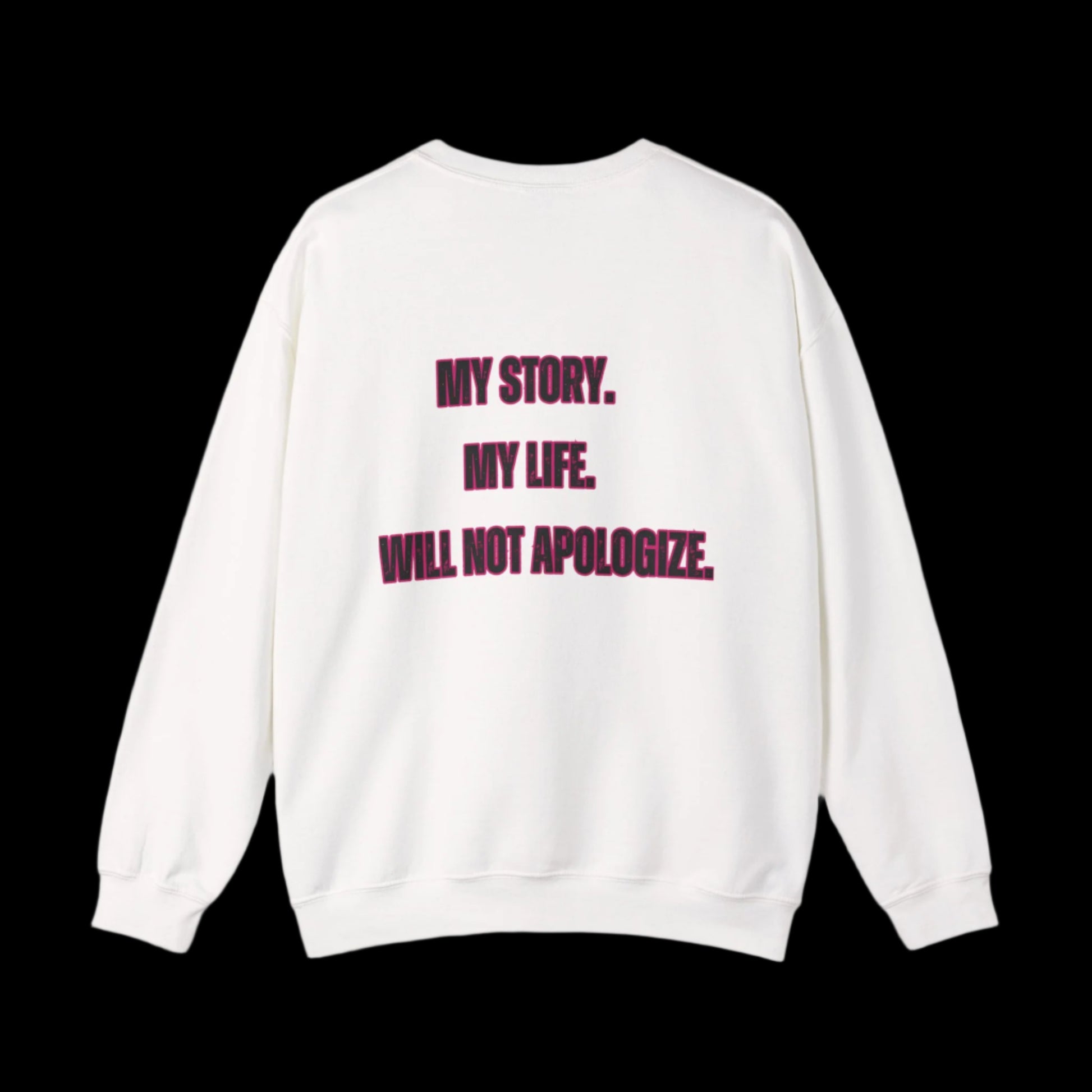 White sweatshirt with red text on a white background