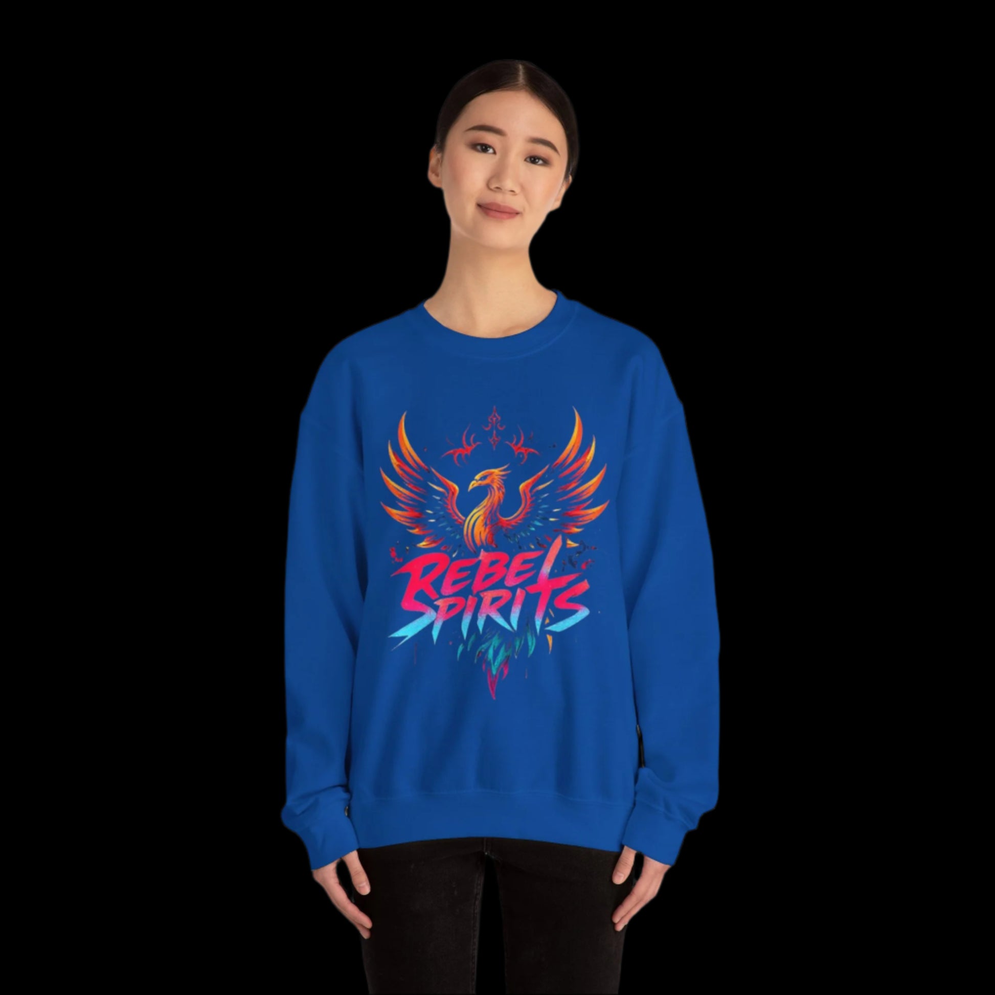 Person wearing a blue sweatshirt with a colorful graphic design on a white background