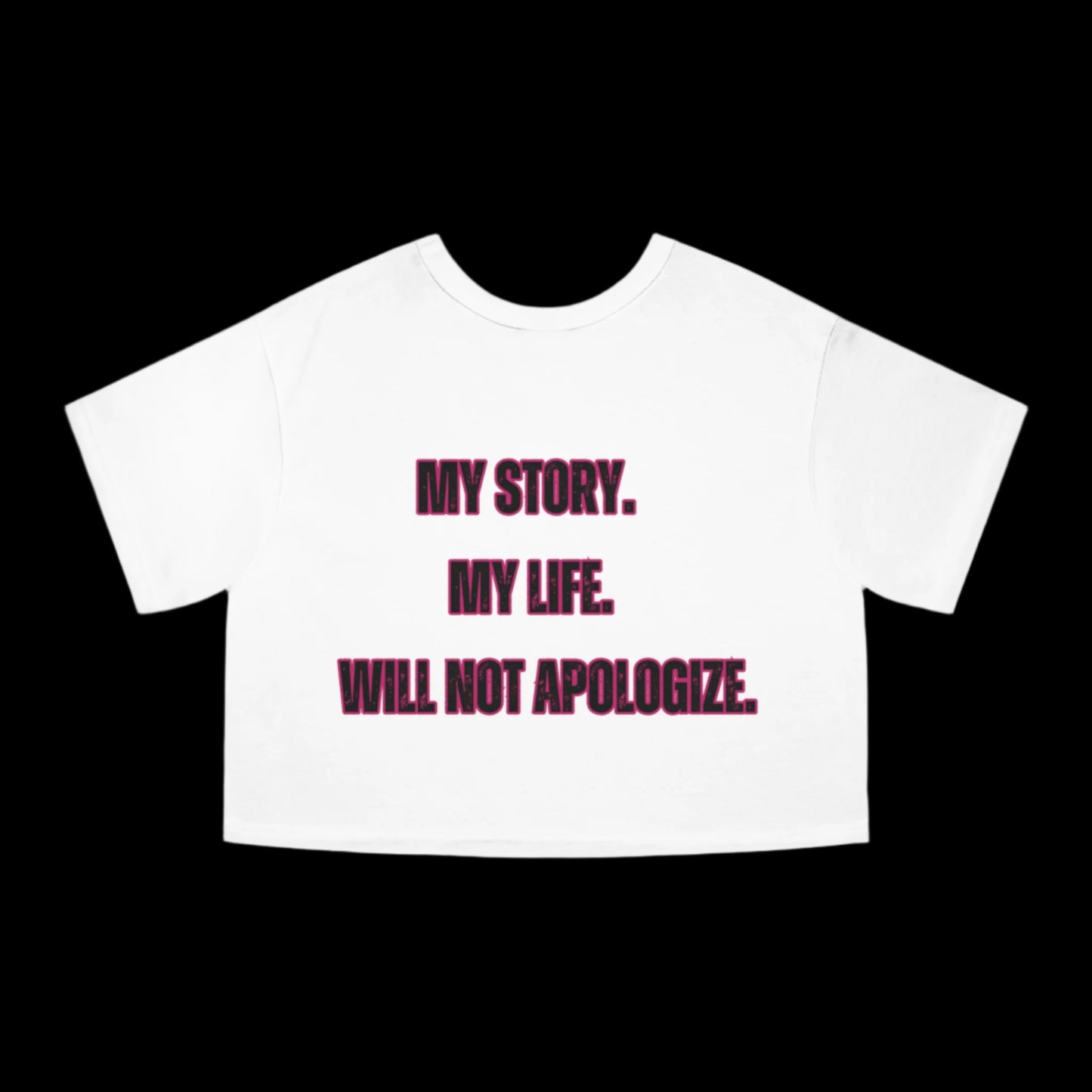 White t-shirt with red text on a white background