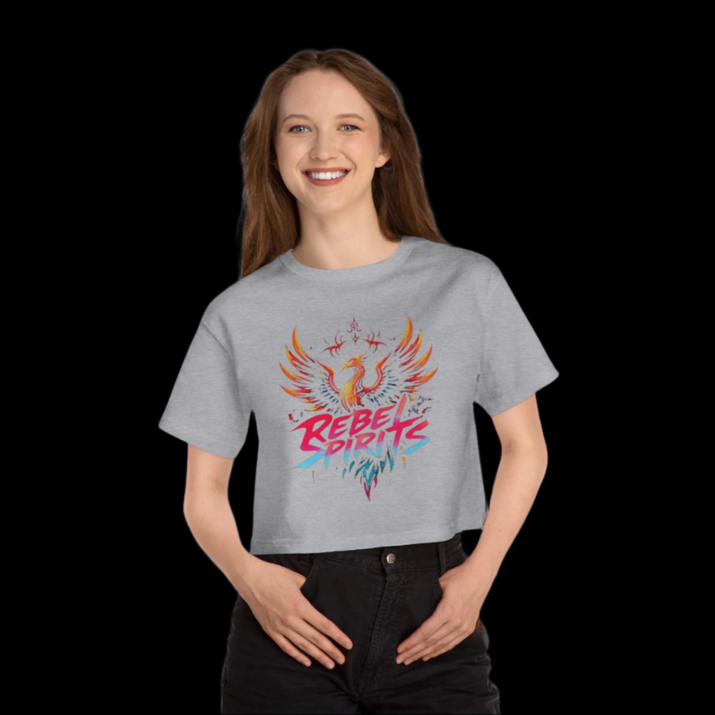 Person wearing a gray t-shirt with a colorful graphic and text on a white background