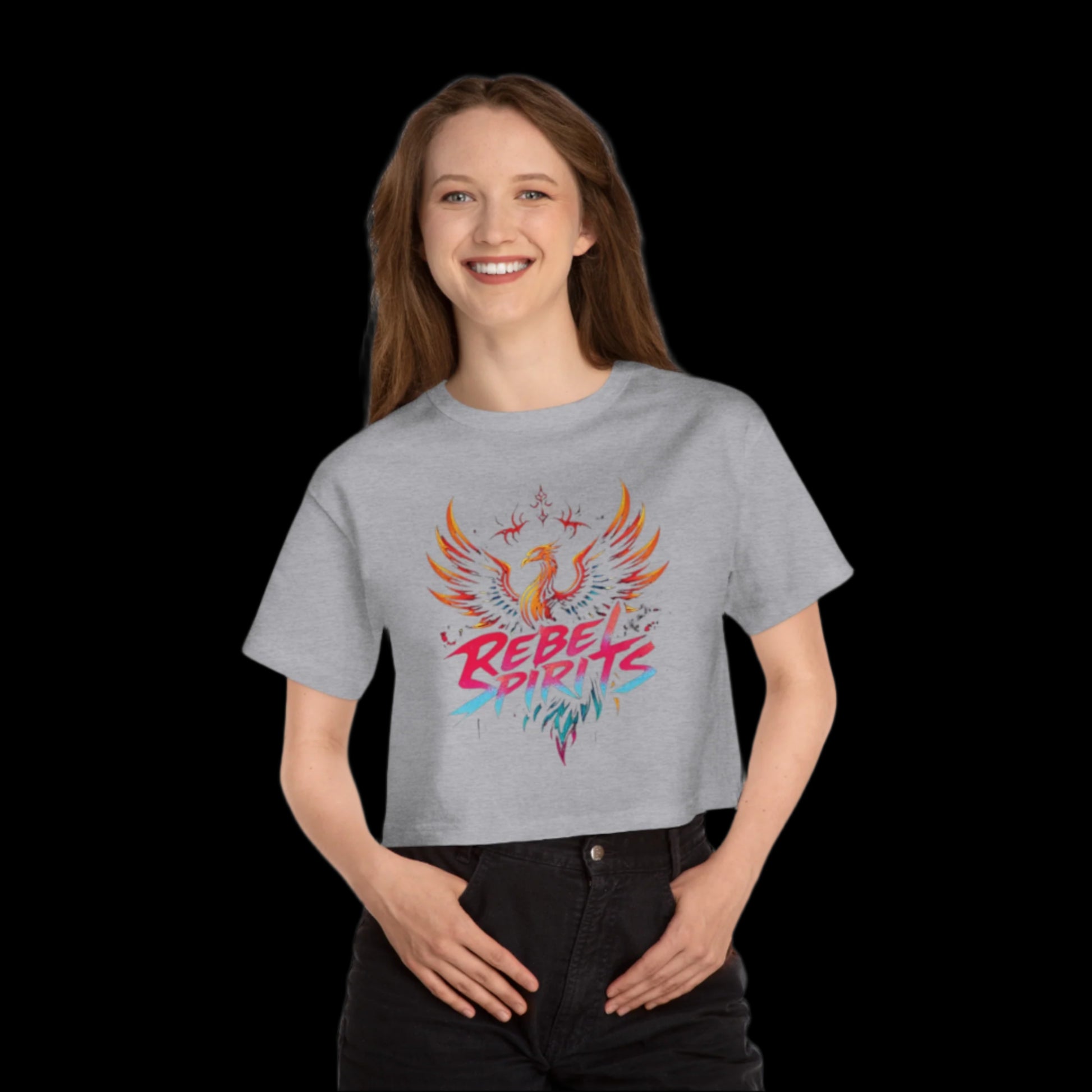 Person wearing a gray t-shirt with a colorful graphic and text on a white background