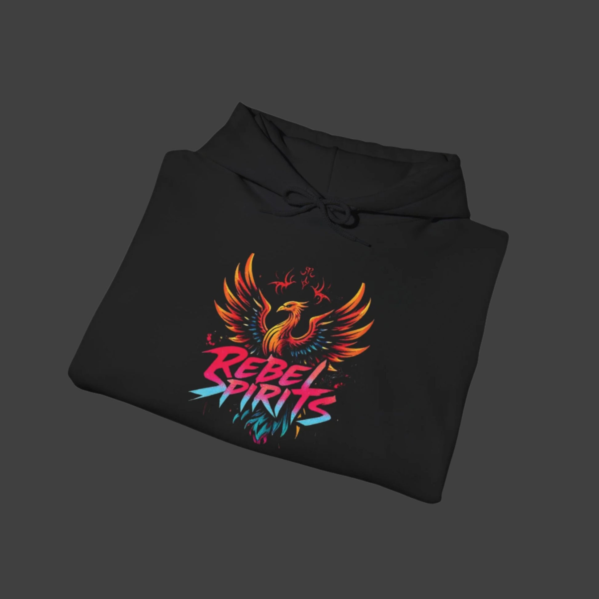 Black hoodie with colorful phoenix design and 'Rebel Spirits' text on a white background