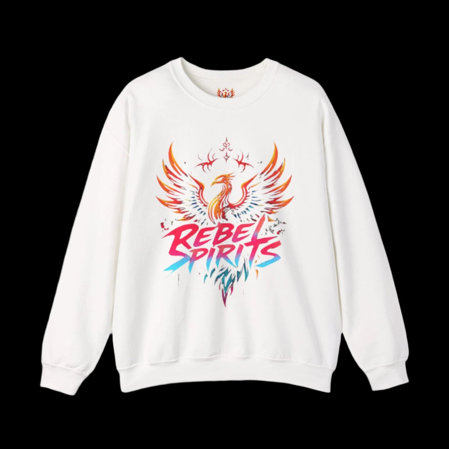 White sweatshirt with colorful phoenix design and 'Rebel Spirits' text on a white background