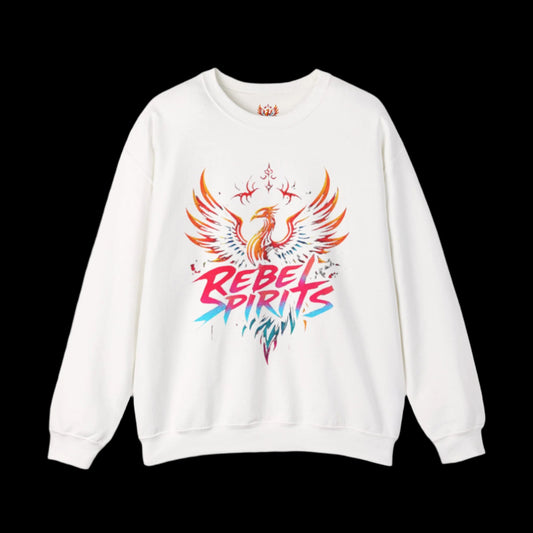 White sweatshirt with colorful phoenix design and 'Rebel Spirits' text on a white background