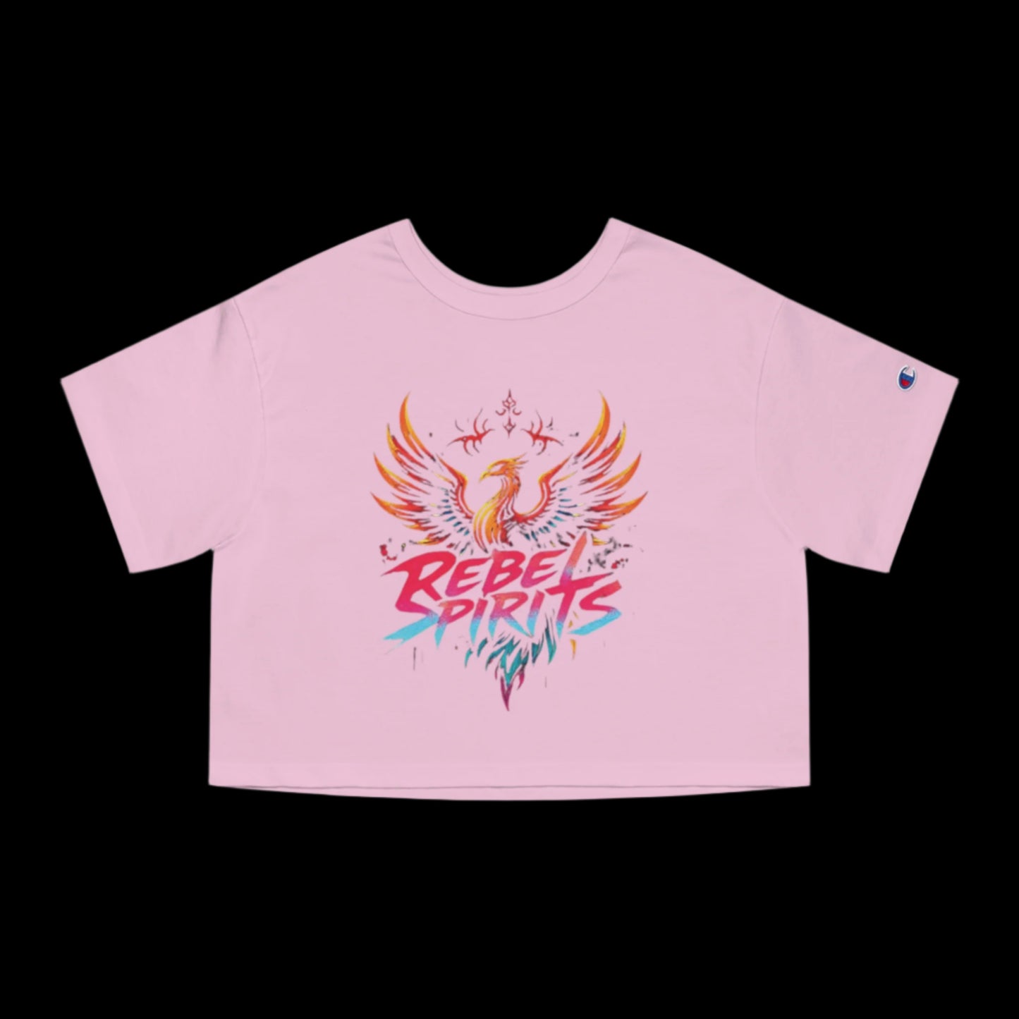 Pink crop top with 'Rebel Spirits' design on a white background