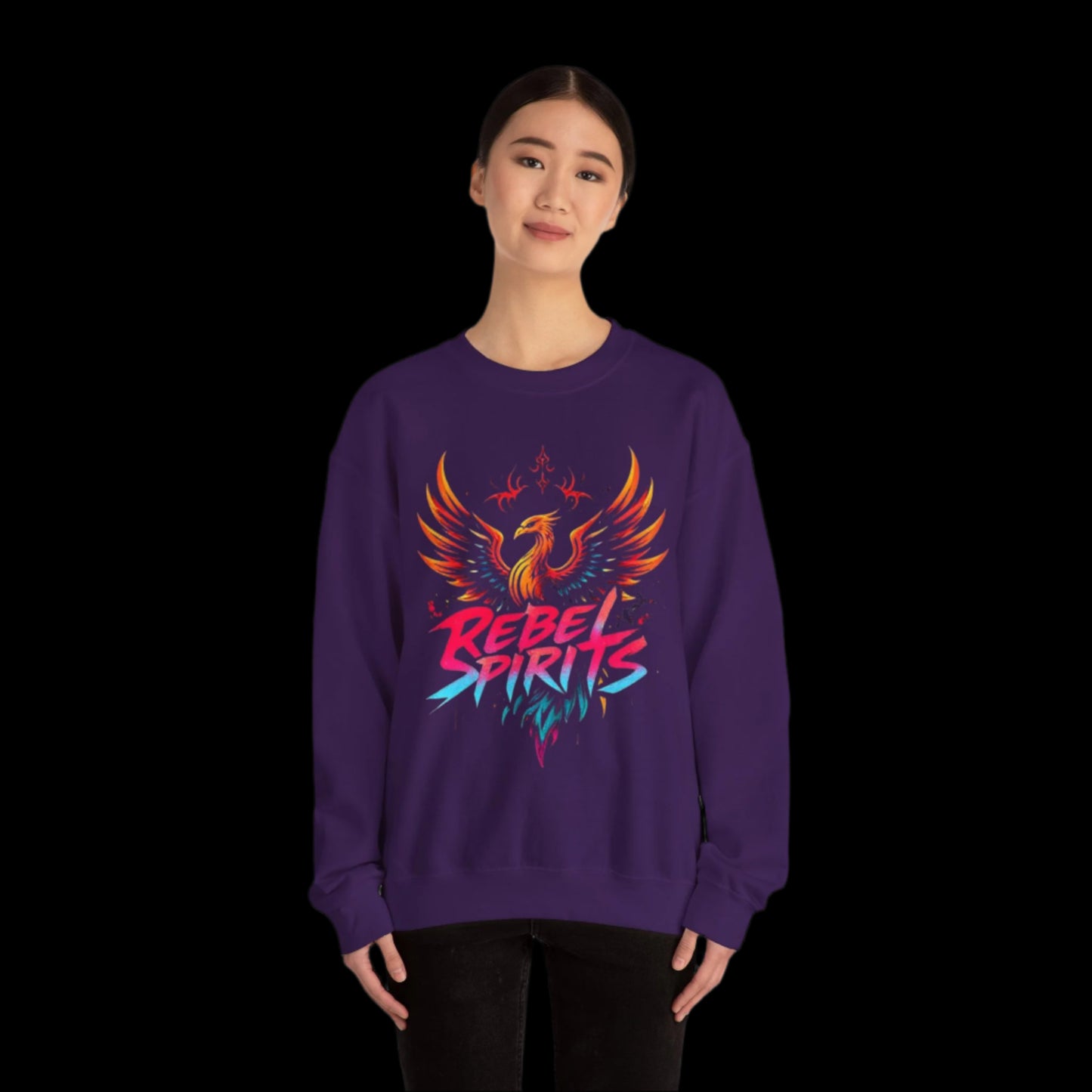 Person wearing a purple sweatshirt with a colorful design and text on a white background