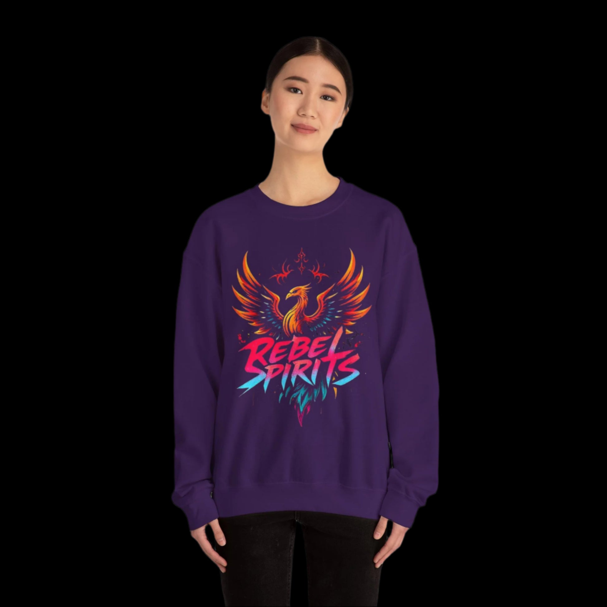 Person wearing a purple sweatshirt with a colorful design and text on a white background