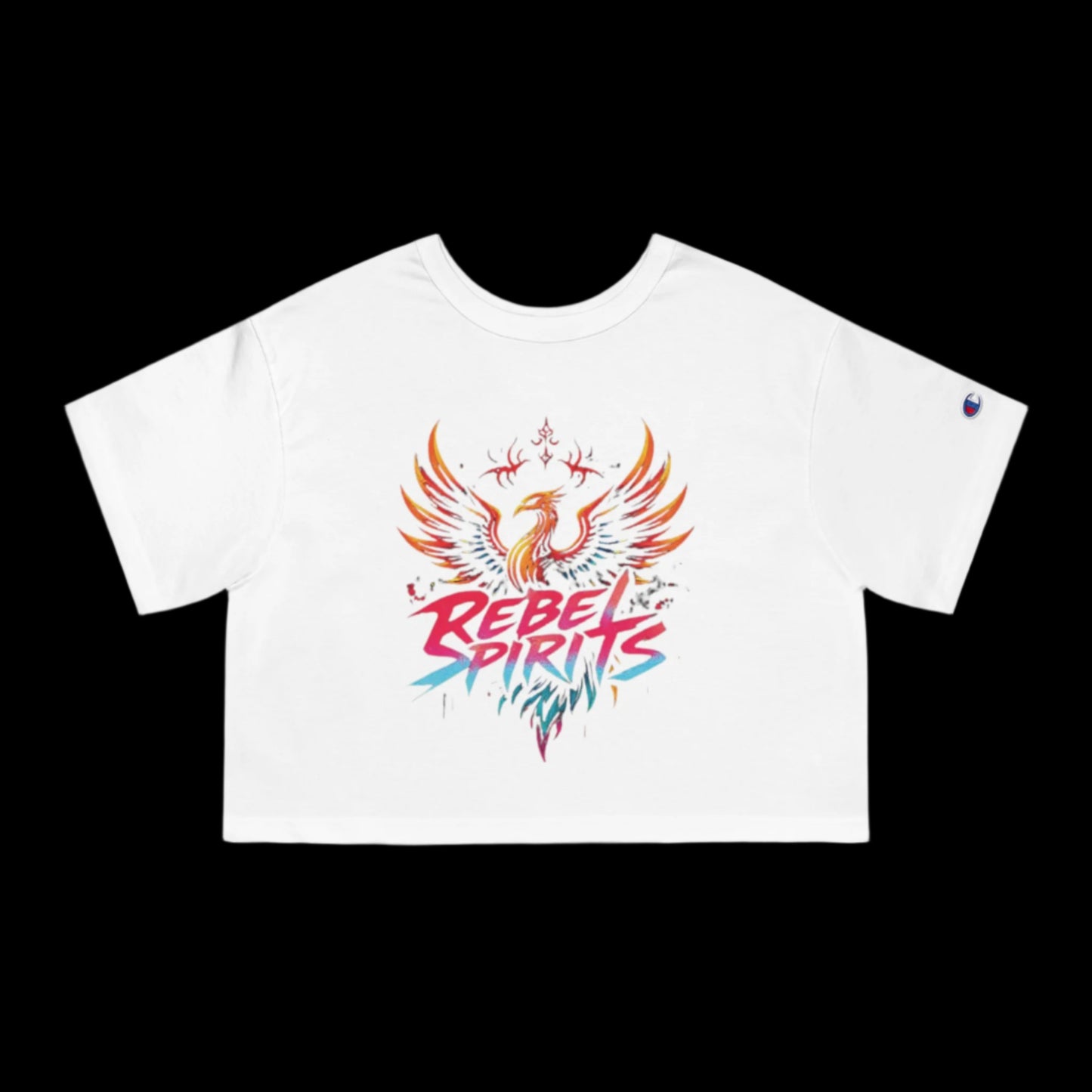 White crop top with colorful 'Rebel Spirits' design on a white background