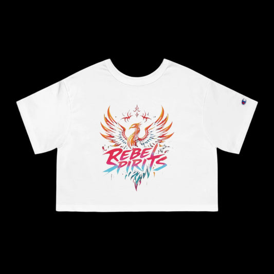 White crop top with colorful 'Rebel Spirits' design on a white background