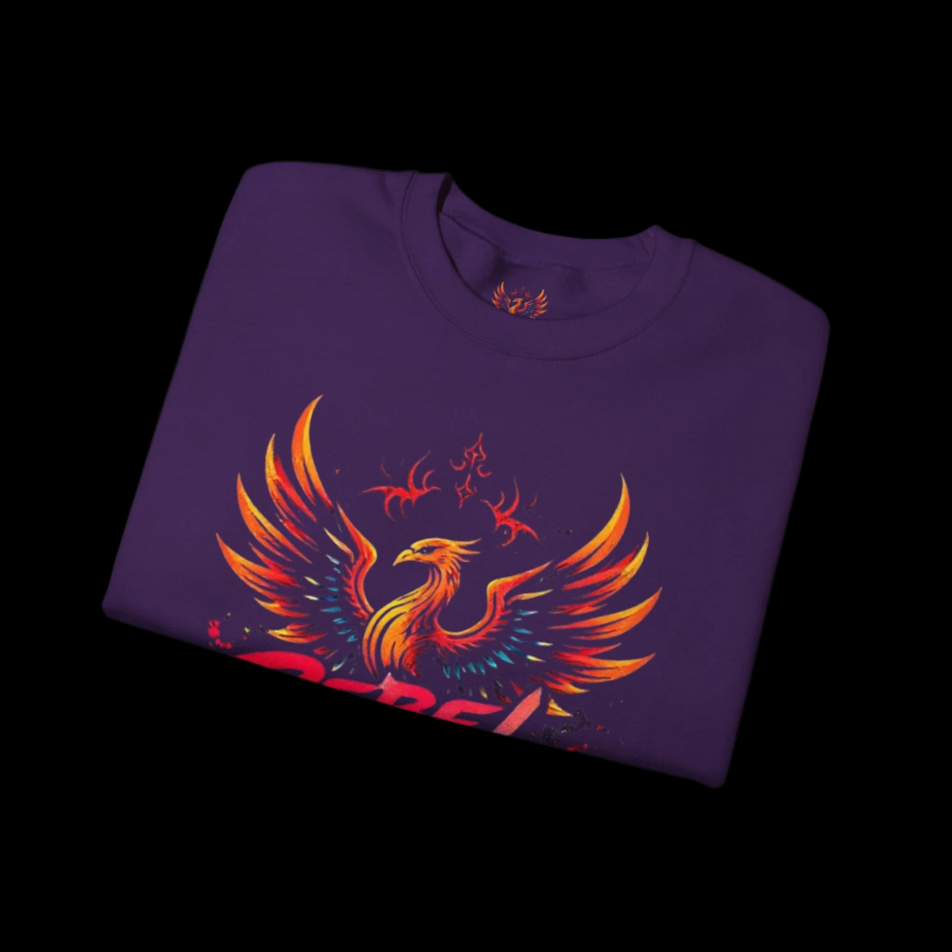 Folded purple sweatshirt with a colorful phoenix design on a white background