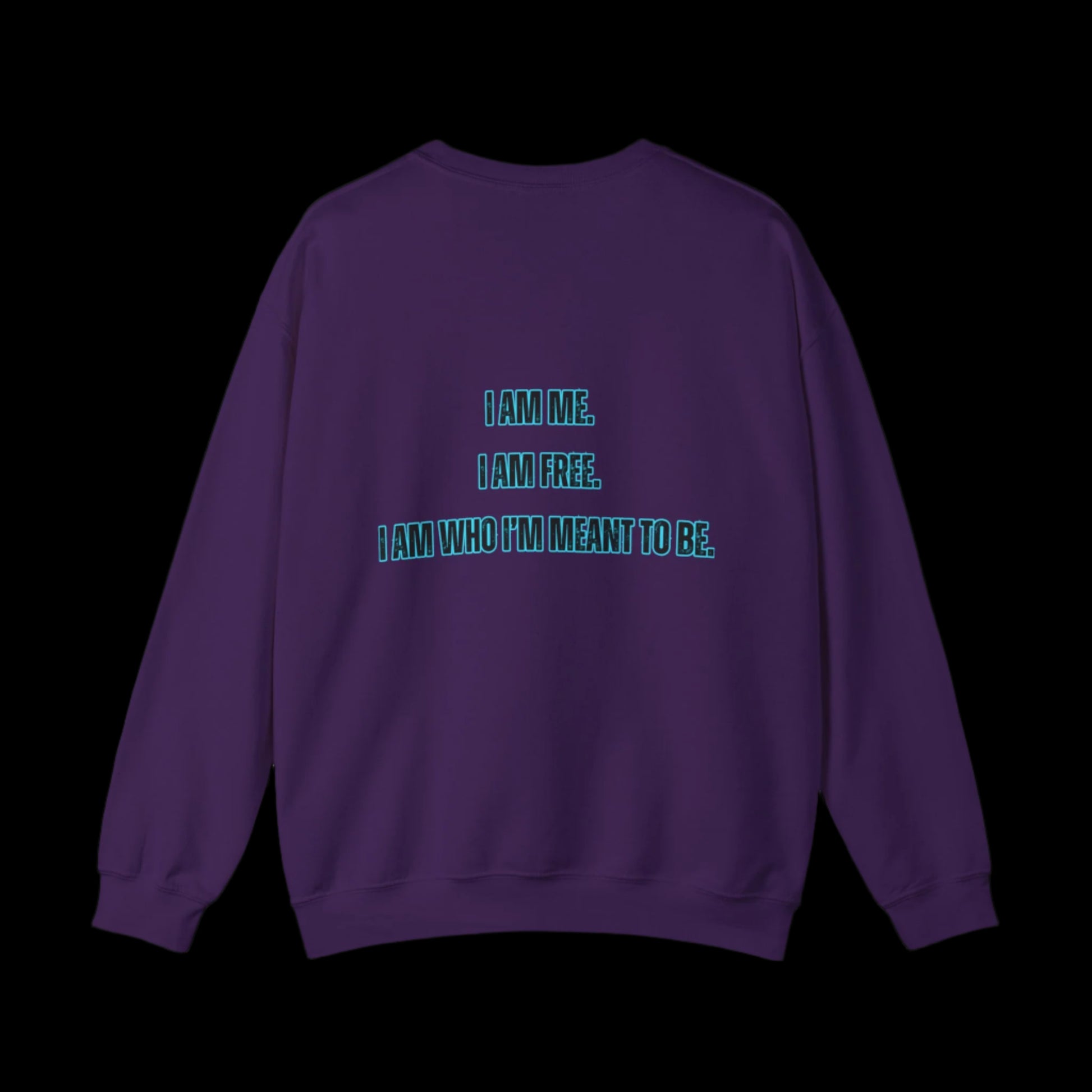 Purple sweatshirt with motivational text on the back against a white background