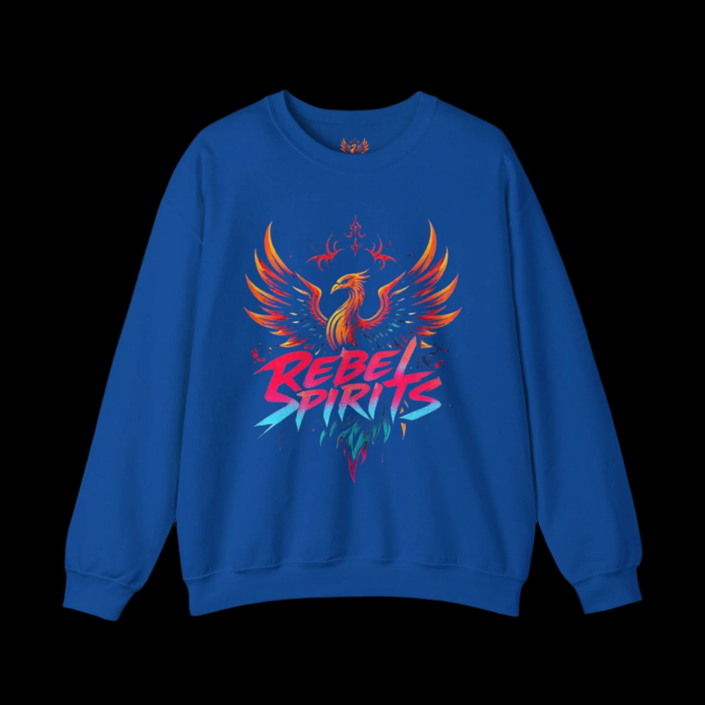 Blue sweatshirt with a colorful phoenix design and 'Rebel Spirits' text on a white background