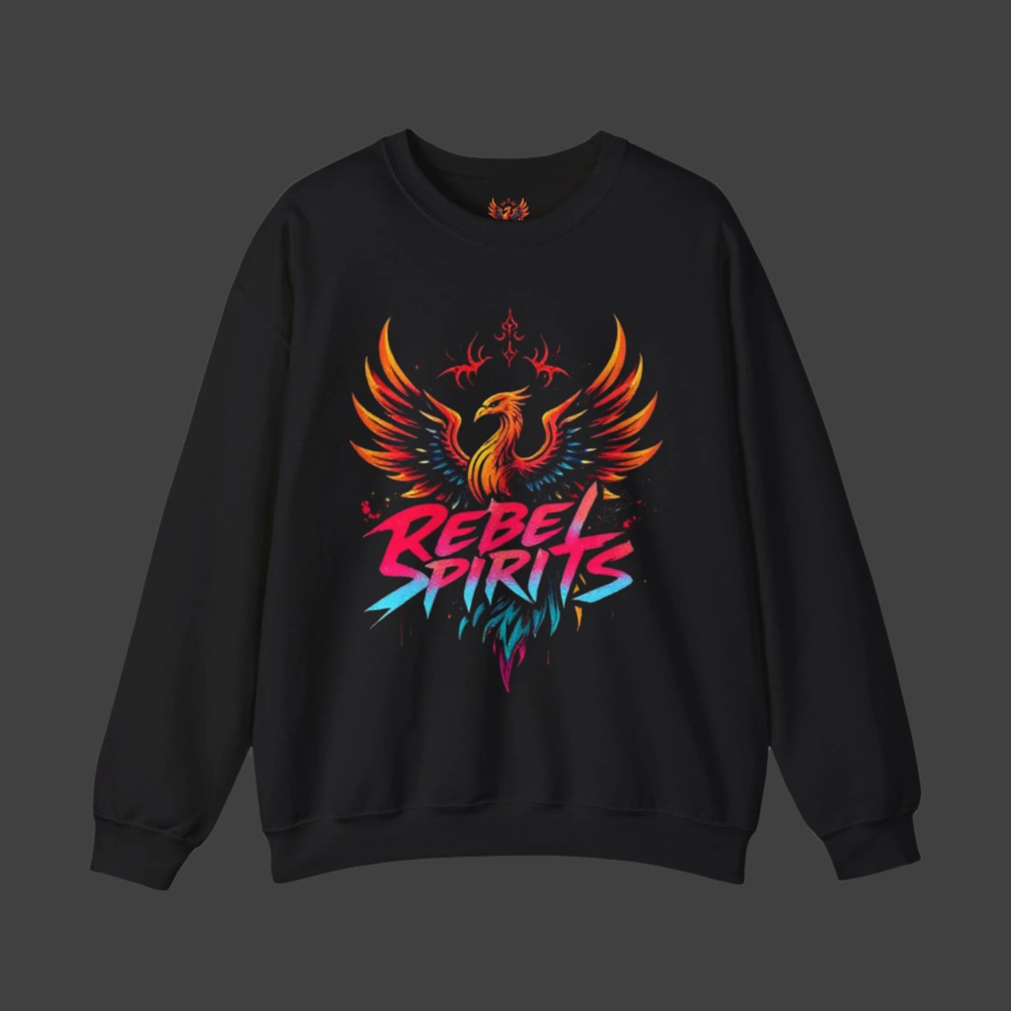 Black sweatshirt with colorful 'Rebel Spirits' design on a white background