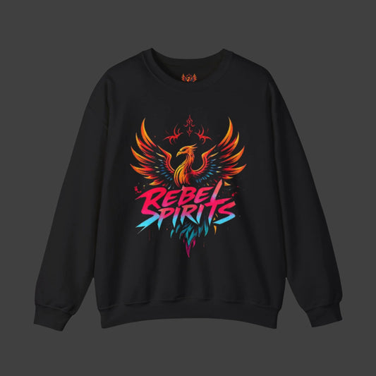 Black sweatshirt with colorful 'Rebel Spirits' design on a white background