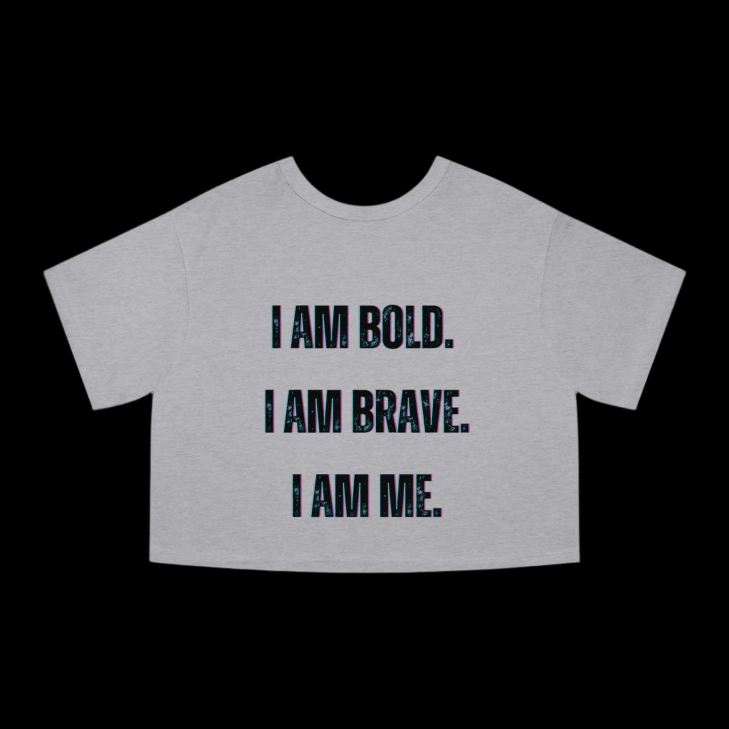 Gray crop top with motivational text on a white background