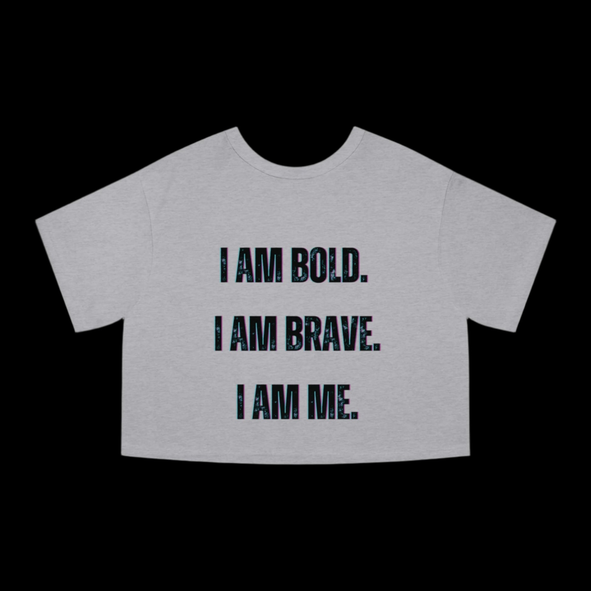 Gray crop top with motivational text on a white background