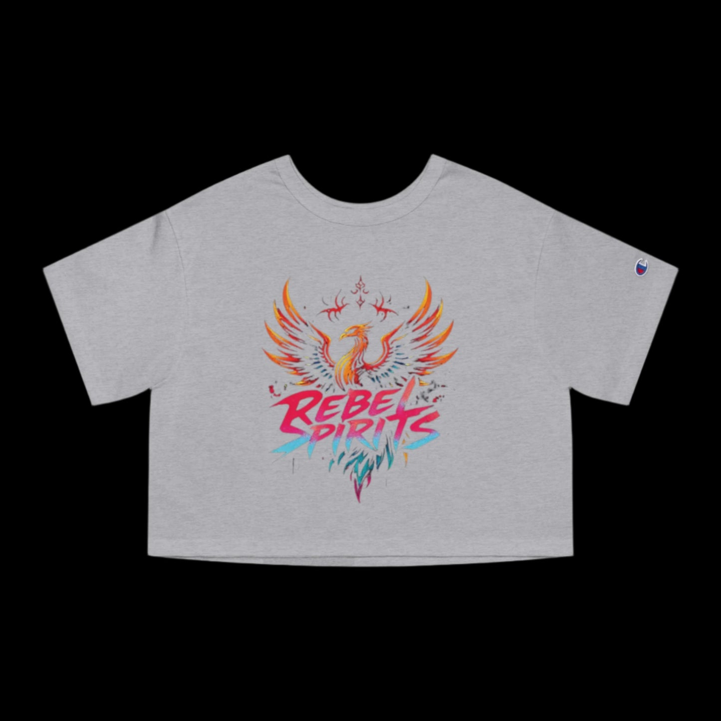 Gray crop top with colorful 'Rebel Spirits' design on a white background