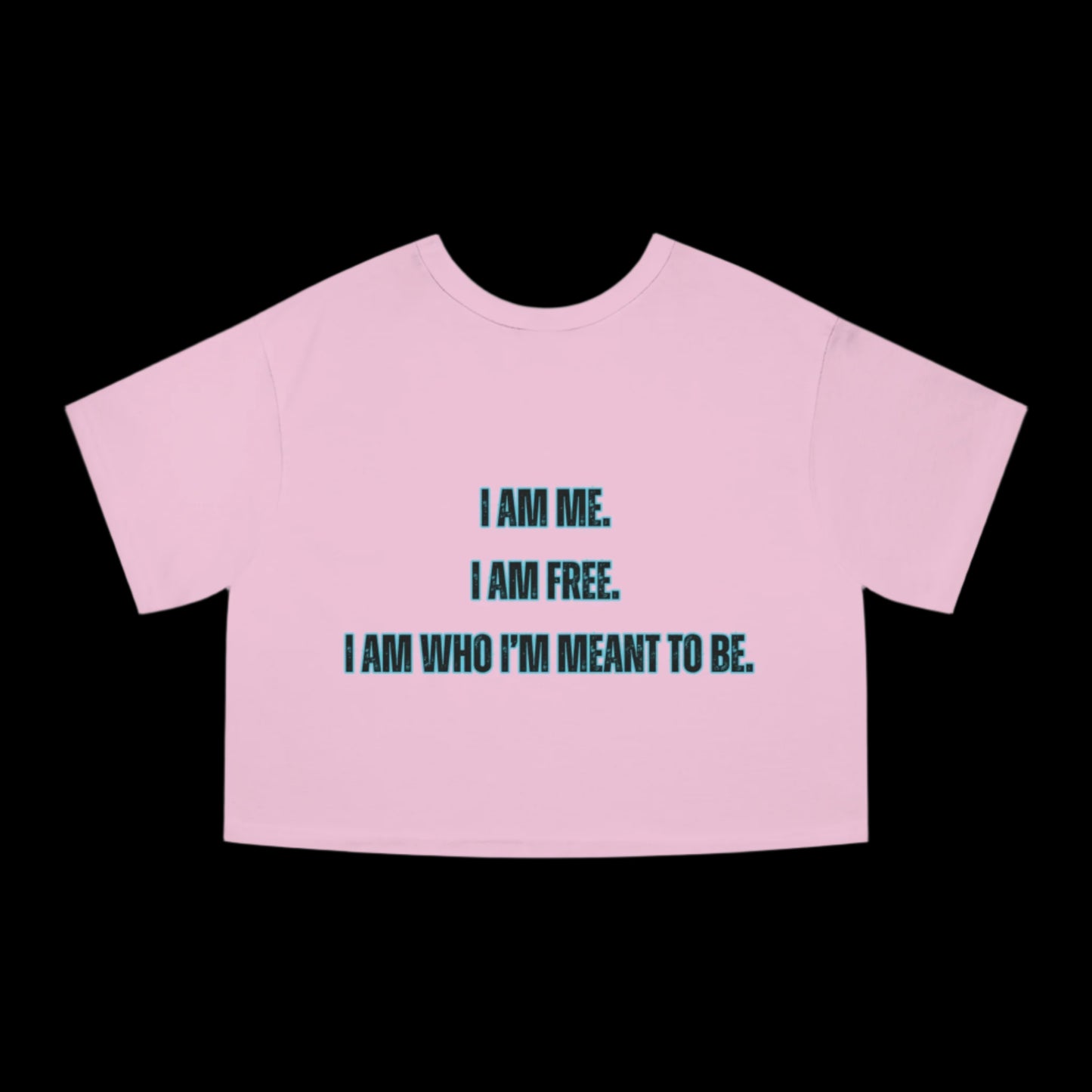 Pink crop top with motivational text on a white background