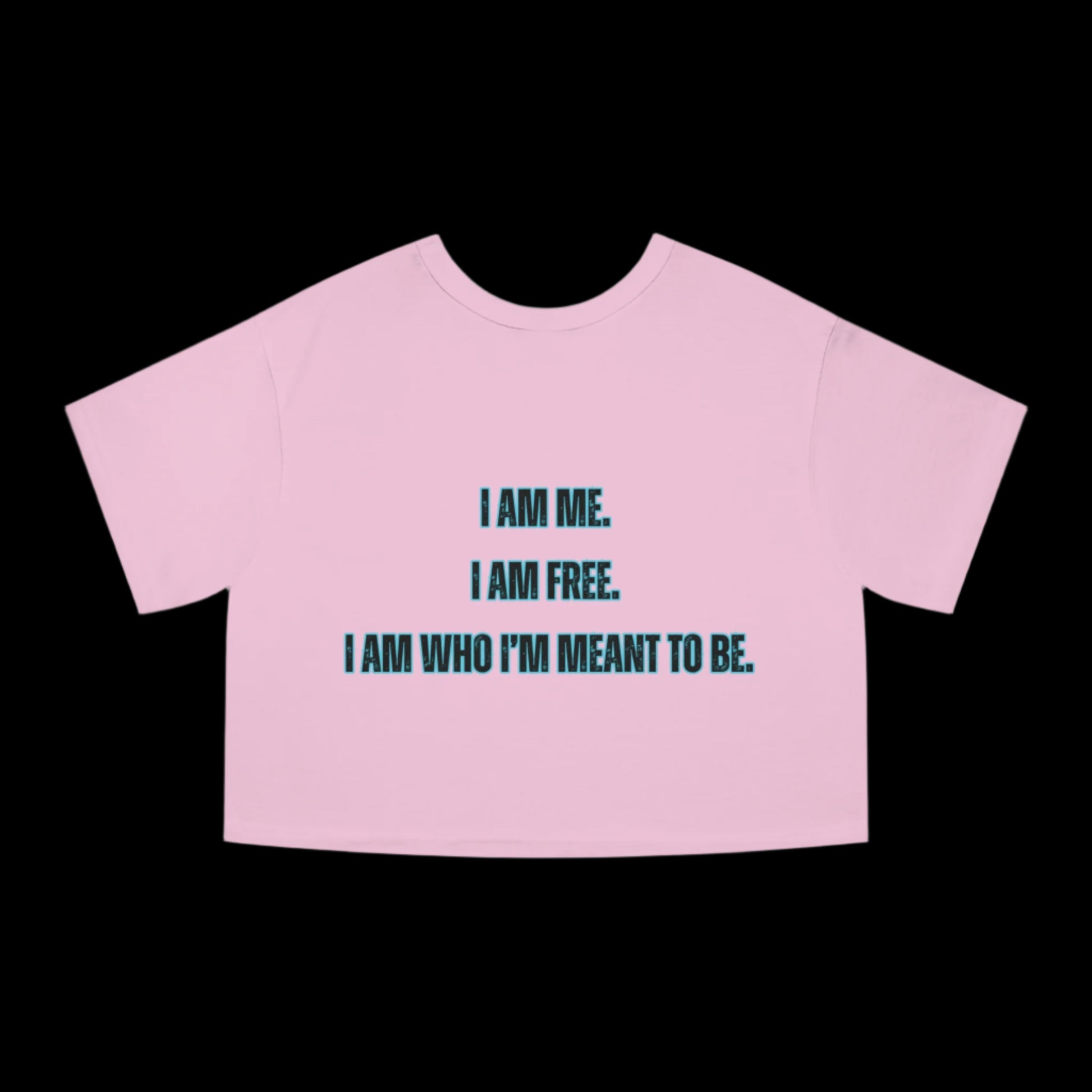 Pink crop top with motivational text on a white background