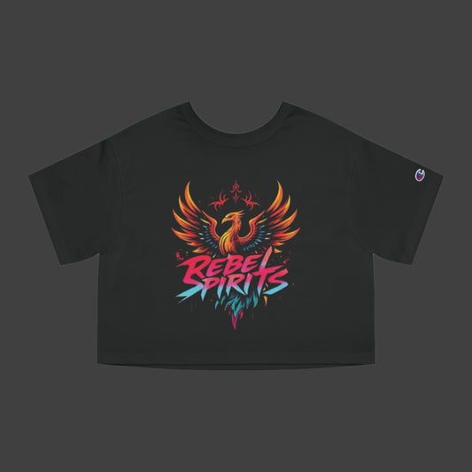 Black crop top with colorful 'Rebel Spirits' design on a white background