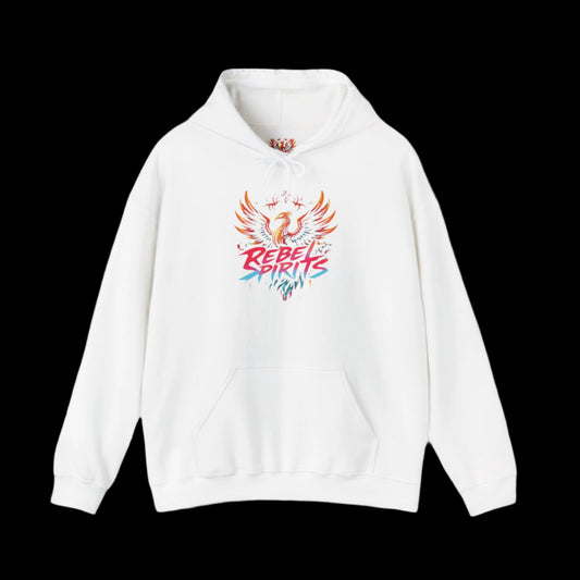 White hoodie with colorful graphic design on a white background