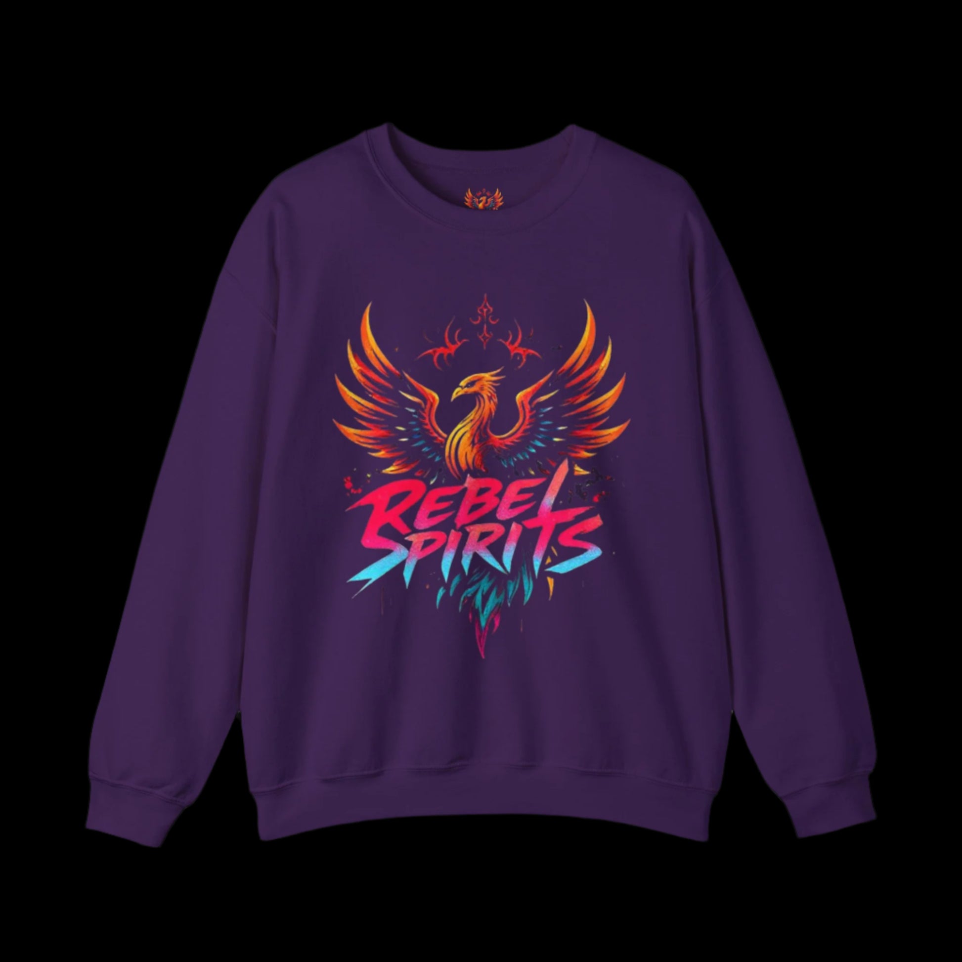Purple sweatshirt with a colorful phoenix design and 'Rebel Spirits' text on a white background