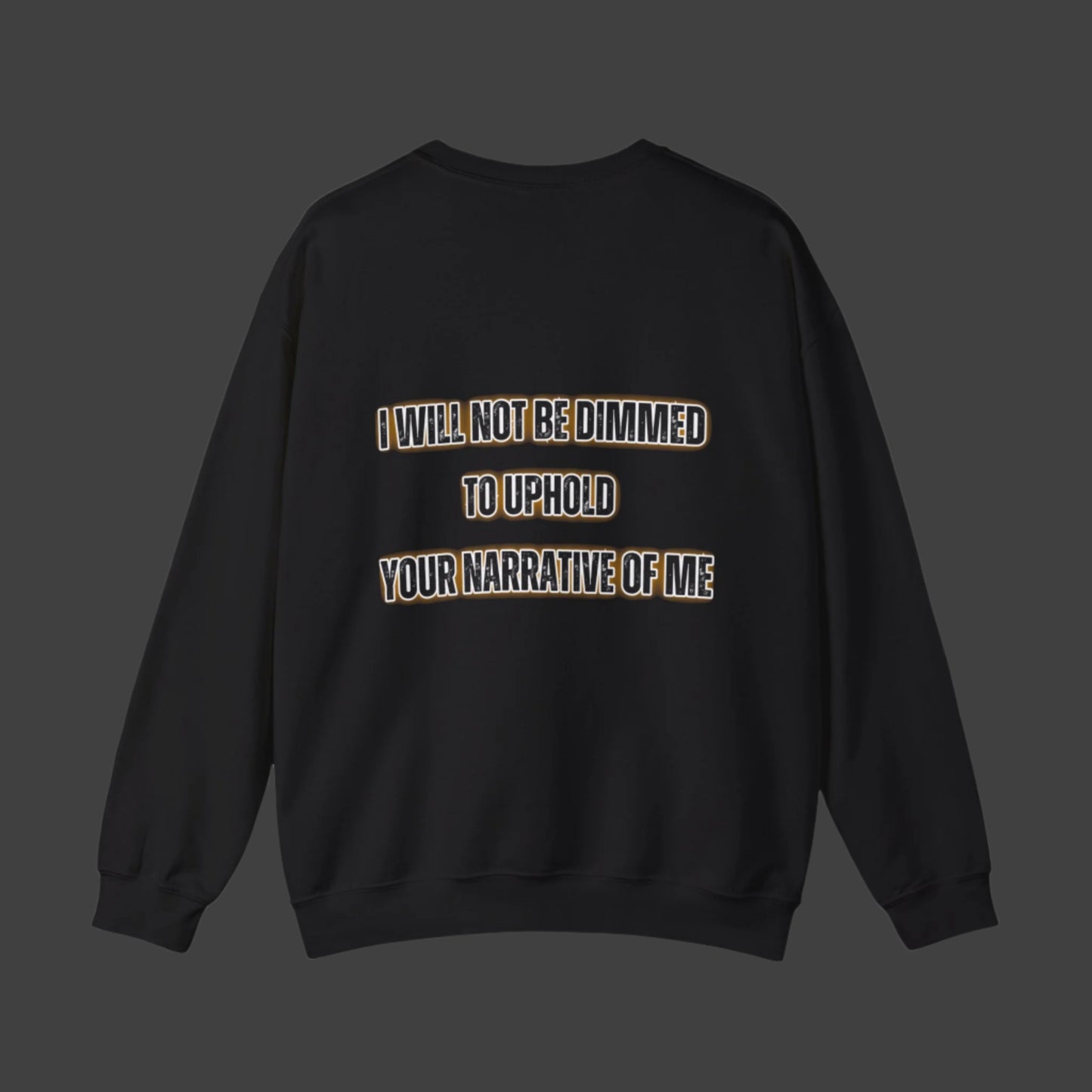 Black sweatshirt with text on the back against a white background