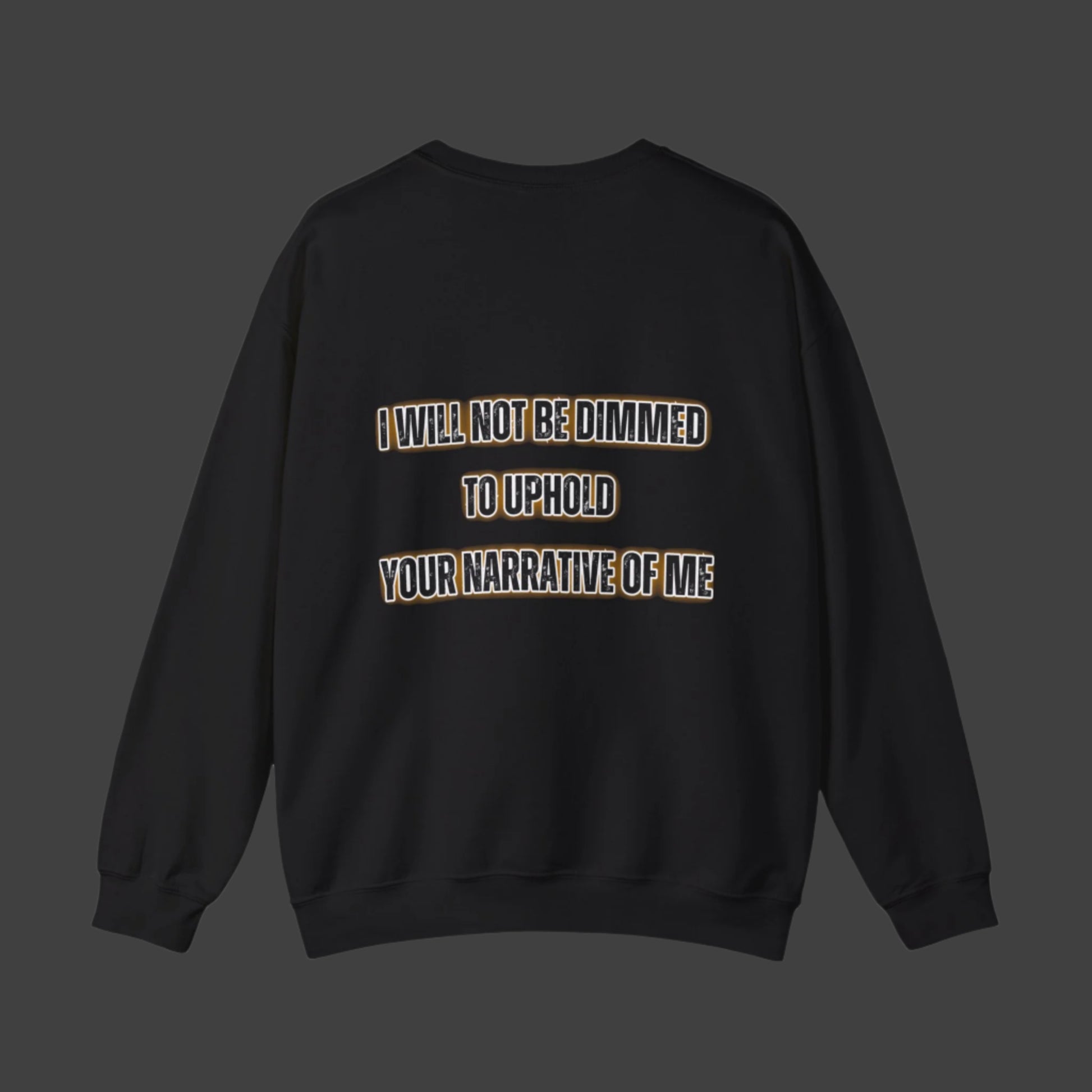 Black sweatshirt with text on the back against a white background