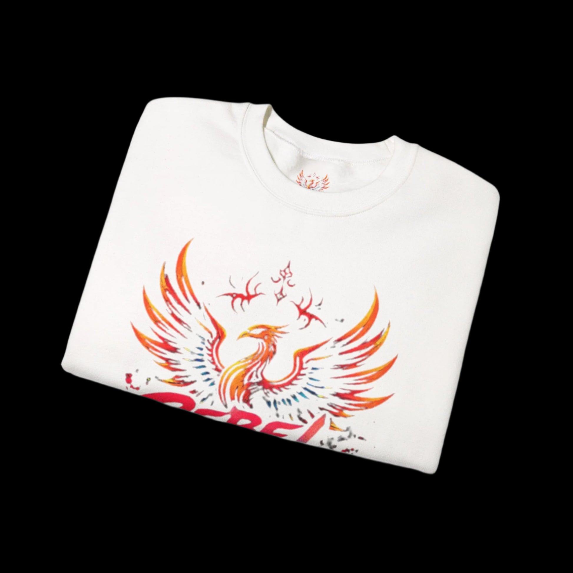 Folded white t-shirt with a colorful phoenix design on a white background